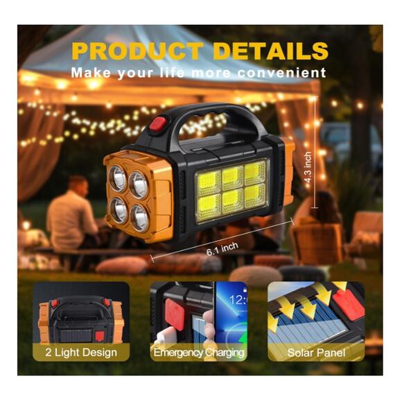 Solar LED Flashlight, HighLumen Rechargeable Spotlight, 4 Light Mode Searchlight - Picture 4 of 6
